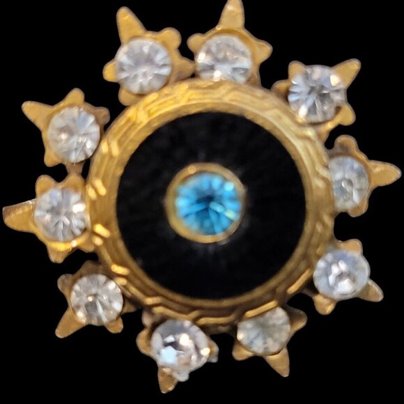 Vintage Sunburst Design Gold Tone Screw Back Earrings Blue & Clear Stones 1950s - Picture 4 of 5